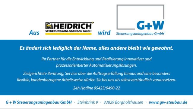 Aus Heidrich wird G + W Steuerungsanlagenbau GmbH - Sonst bleibt alles wie gewohnt.